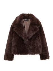 TRAFZA Mode Frau Braun Casual Lange Ärmel Tasten Drehen-unten Kragen Lose Oberbekleidung Frauen Winter Warme Mantel Faux Pelz jacken