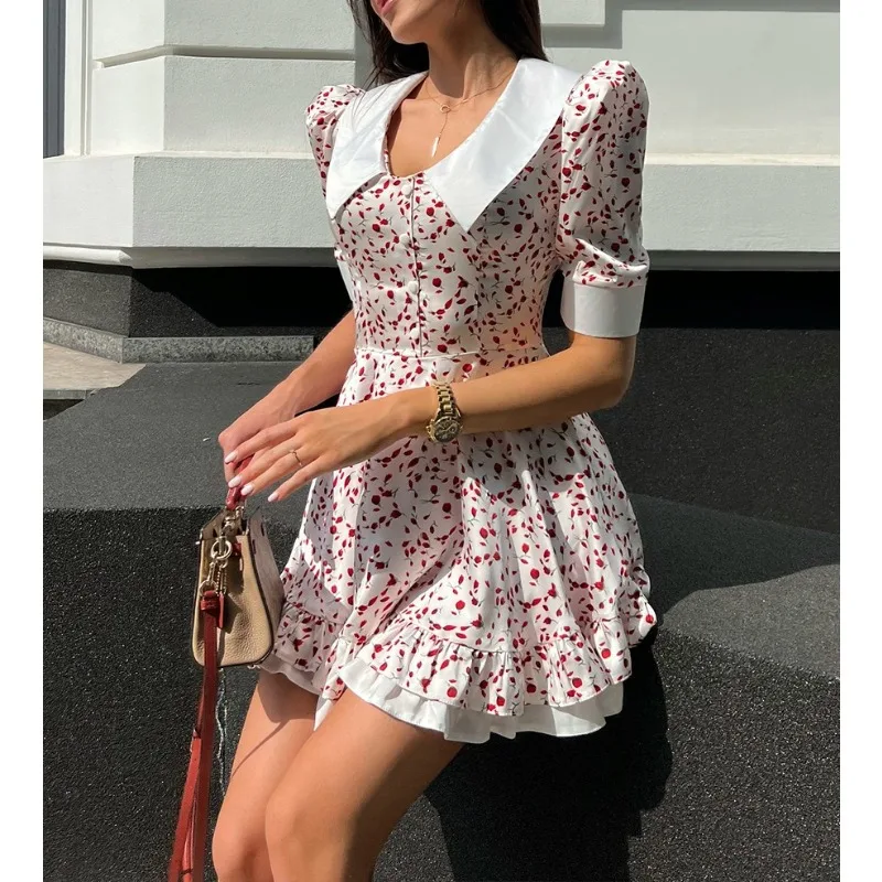 

Women's V-neck Printed Dress Women's 2026 Spring and Summer New Bubble Sleeve Short Skirt Doll Collar Dress
