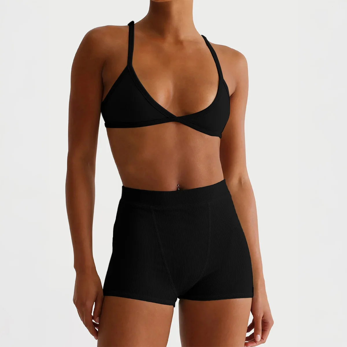 2026 Spring Summer New Mint Green Ribbed Crossover Bralette & Yoga Short Set Women’s Sexy 2-Piece Loungewear/Sportswear 2