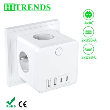 Wtyczka ścienna EU Przedłużacz gniazda USB z przełącznikiem 4 gniazda AC 2 porty USB 2 porty typu C Kostka Wiele gniazd Zasilacz do domu