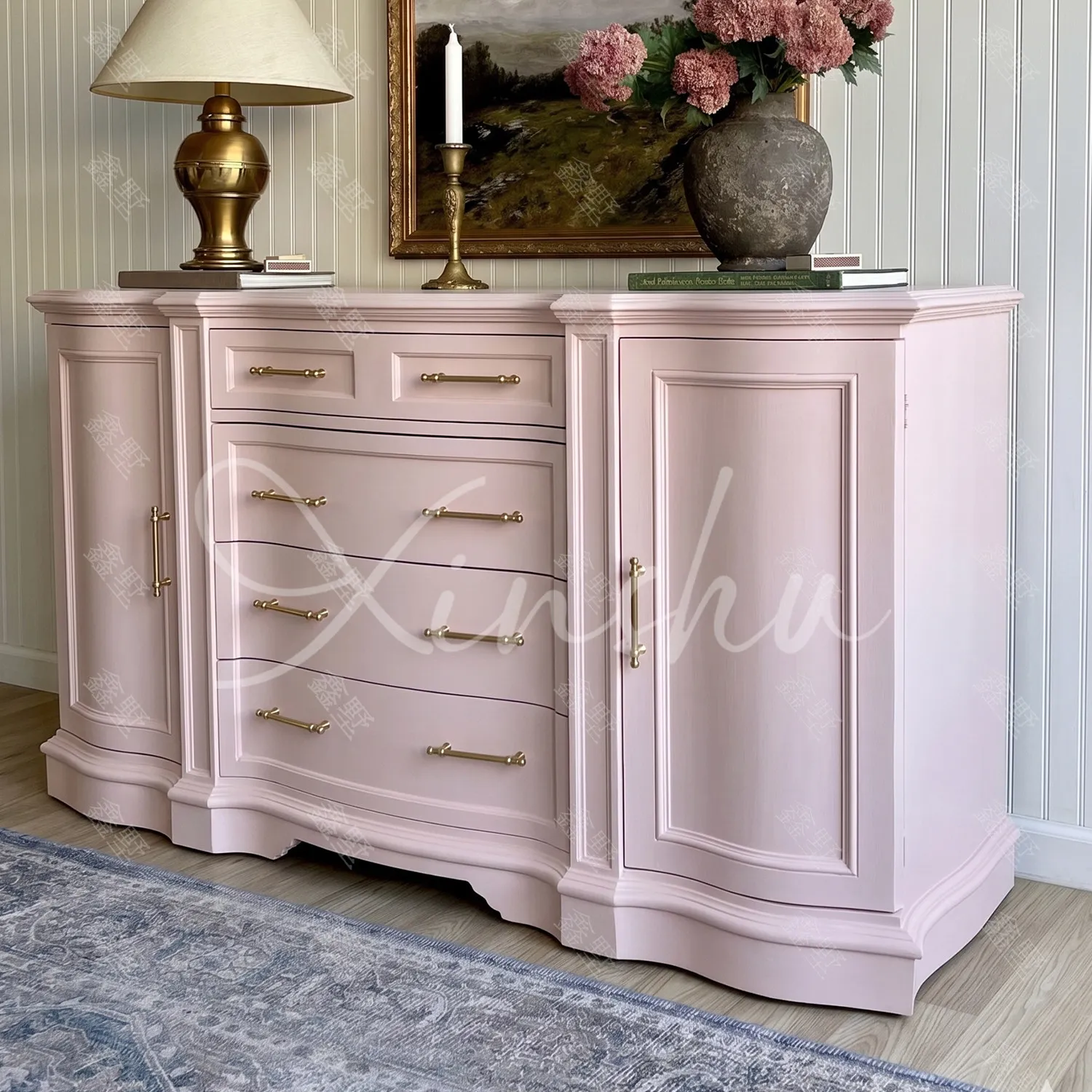 Gentle girl pink French retro chest curved side cabinet bedroom storage cabinet large capacity American entrance dining