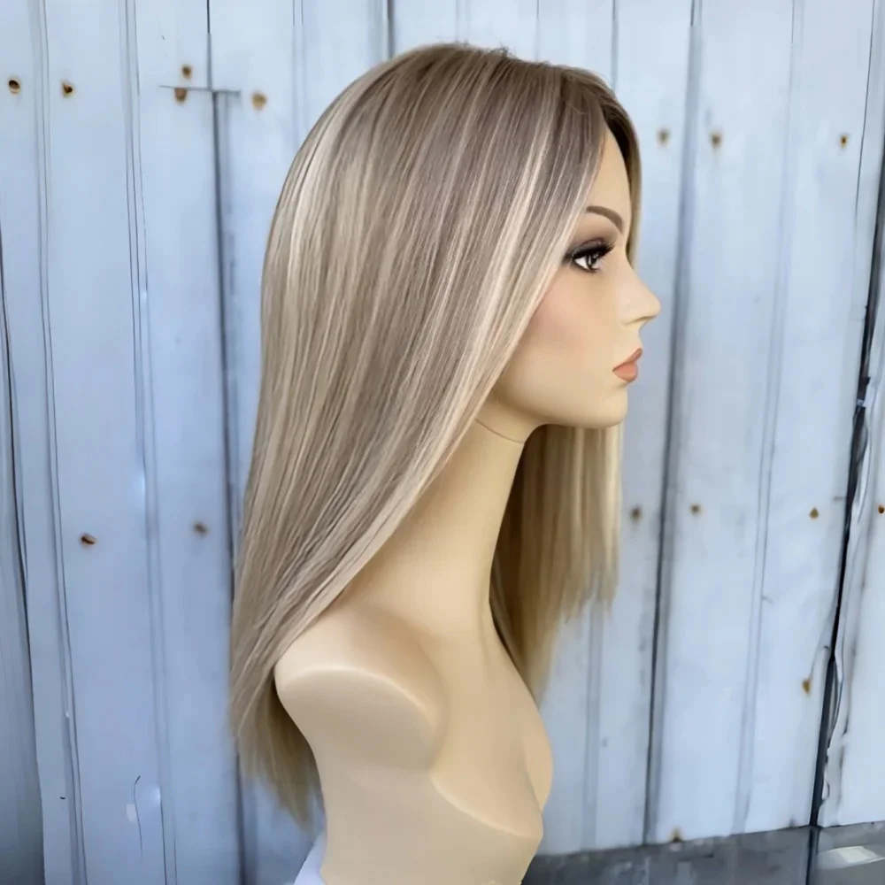 Ombre Lace Front Wig for Women Platinum Blonde to Ash Brown Roots Natural Synthetic Fiber Straight Wig with Highlights Cosplay F