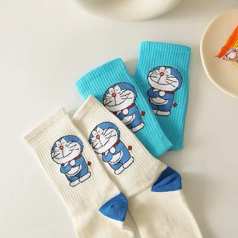 Kawaii Doraemon Pattern Woman Socks Autumn Winter Thin Breathable Soft Polyester Cotton Socks Casual Medium To High Length Socks