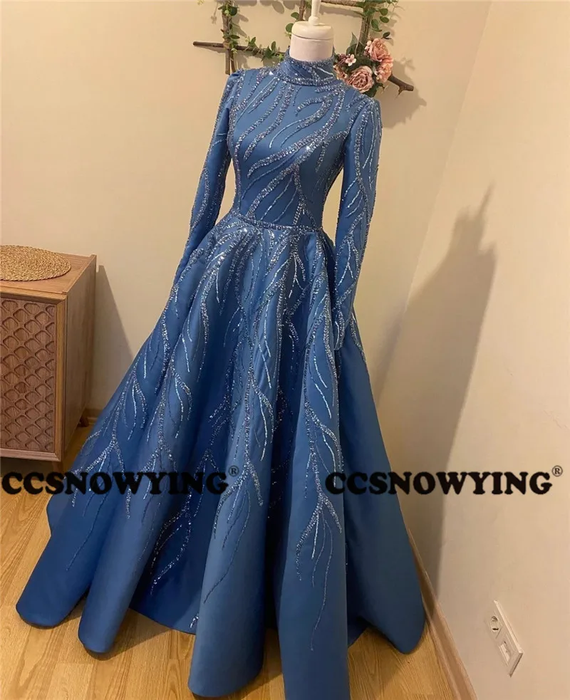 Blue Satin Beaded Long Sleeve Muslim Evening Dresses Hijab Islamic Formal Party Ball Gown Luxury Arabic Kaftan Robes De Soirée