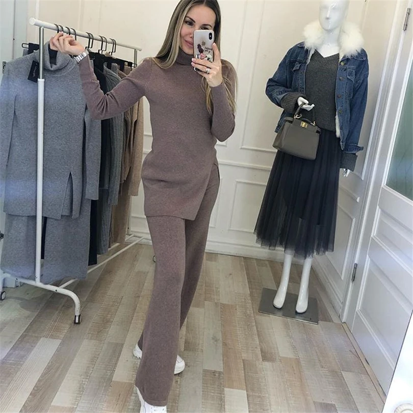 TYHRU Autumn Winter Women's Costume Comfortable Solid Color Turtleneck Pullover Sweater and Pants Two Piece Set