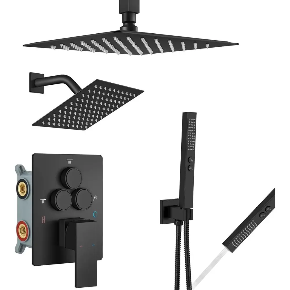 

Двойная душевая система с потолочным креплением, ручным распылителем и переключателем, матовый черный цвет