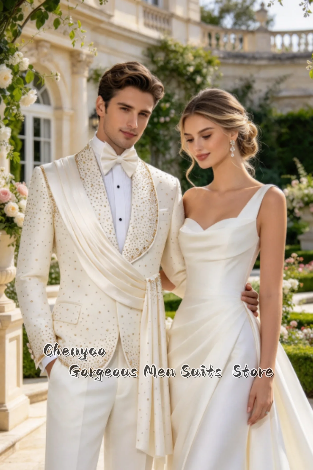 Custom Luxury Rhinestone Beaded Men Suits Groom Tuxedo Satin Shawl Drape Sash Wedding Formal Party Blazer 2 Pieces Ropa Hombre