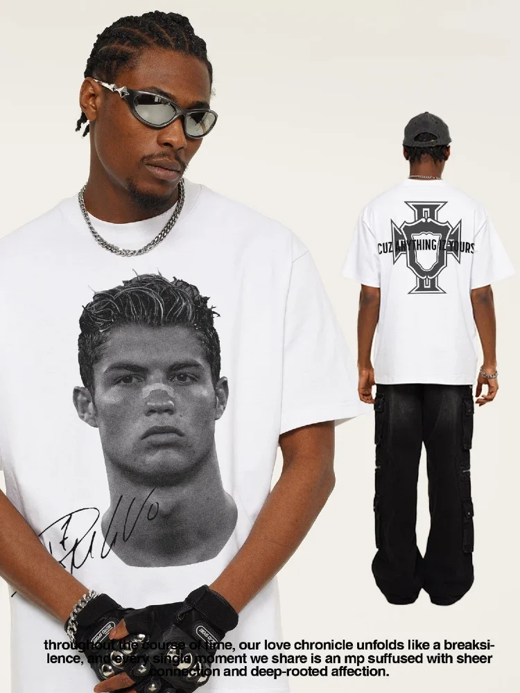Unisex Heavyweight 200g Graphic T-Shirt Cristiano Ronaldo Print American Retro Vintage Streetwear Style Casual Unisex Tee