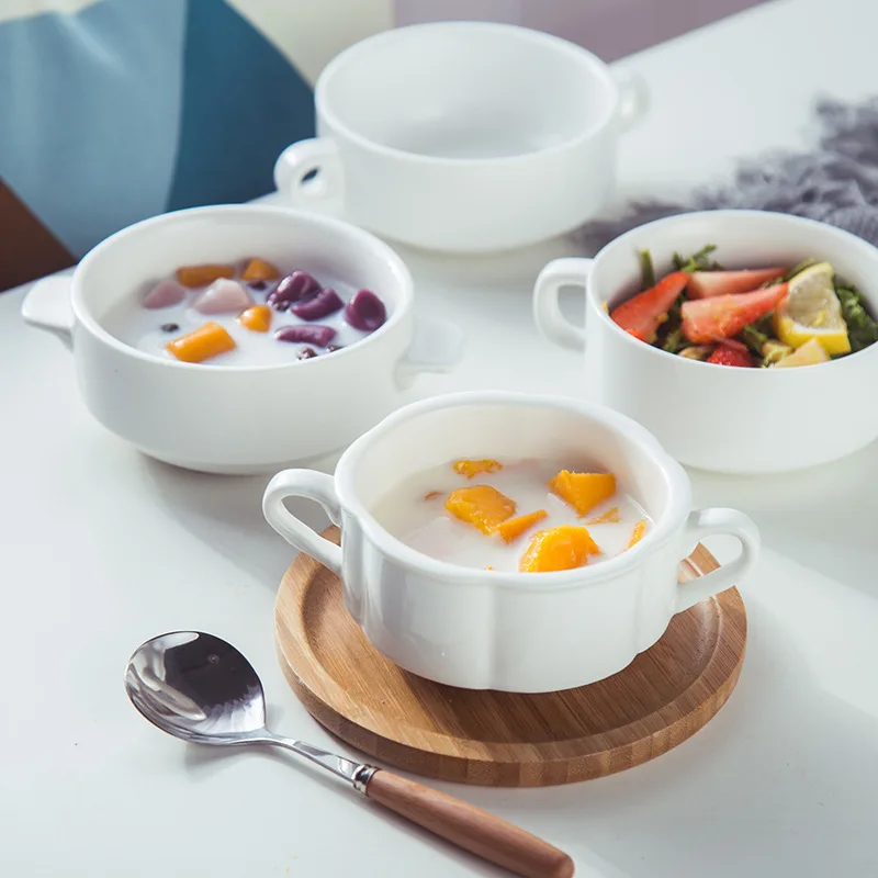 Ceramic Double-ear Bowl LOGO Breakfast Steamed Egg Cup Western Food Sugar Water Dessert Bowl White Borscht Bowl