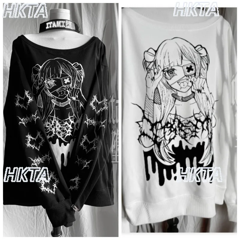 

Новинка Весна 2026: Женская толстовка-худи оверсайз в стиле дарк-панк готика с открытыми плечами, черная, с японским кружевом