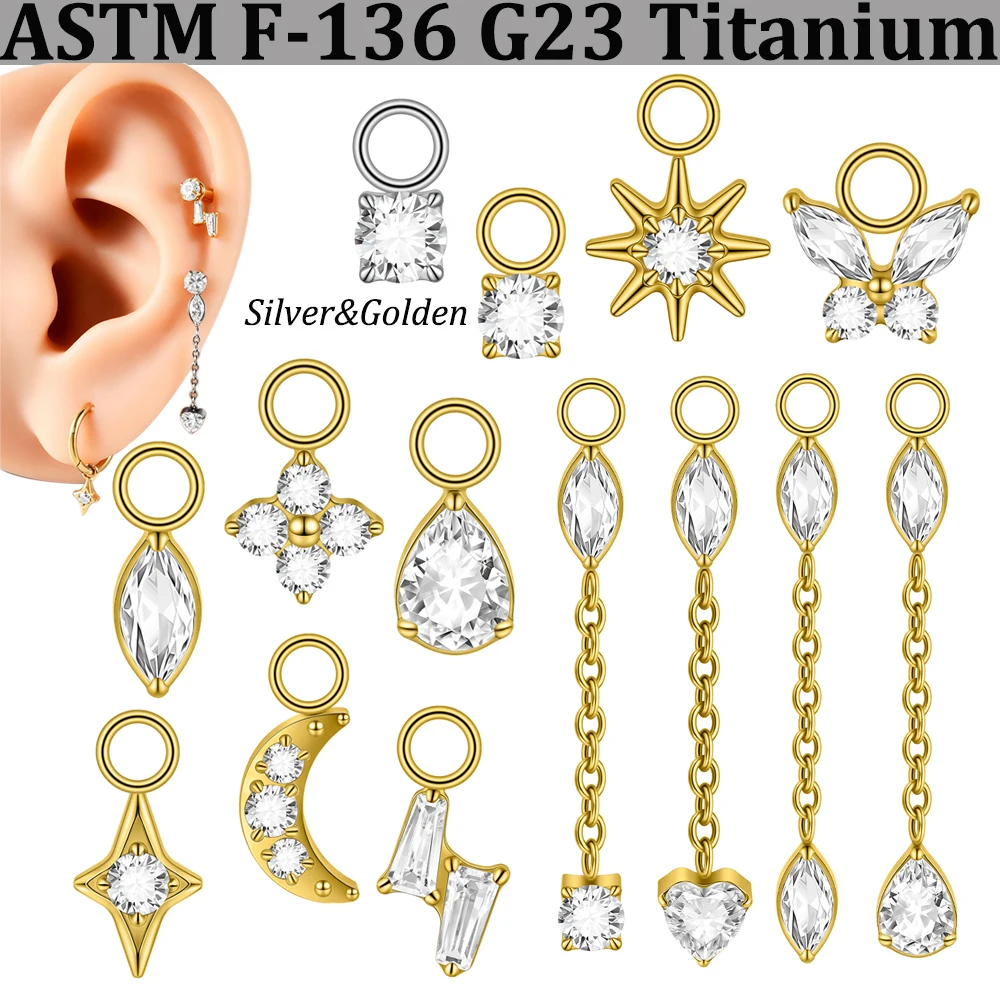 13-1PCS F136 Titanium Differdent CZ Star Charm for Ear Lobe Dangle Hoop Huggie Earrings Dainty Flower Shaped Chain Pendant