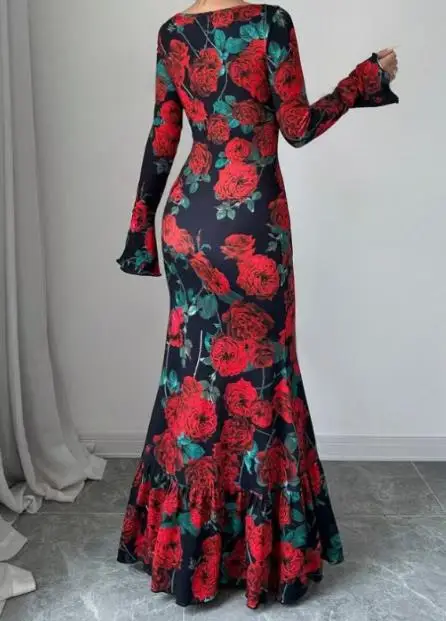 

Spring and Summer 2025 New Women's Round Neck Elegant Slim Fit Long Skirt with Rose Print Flared Sleeves and Hip Hugging Dress