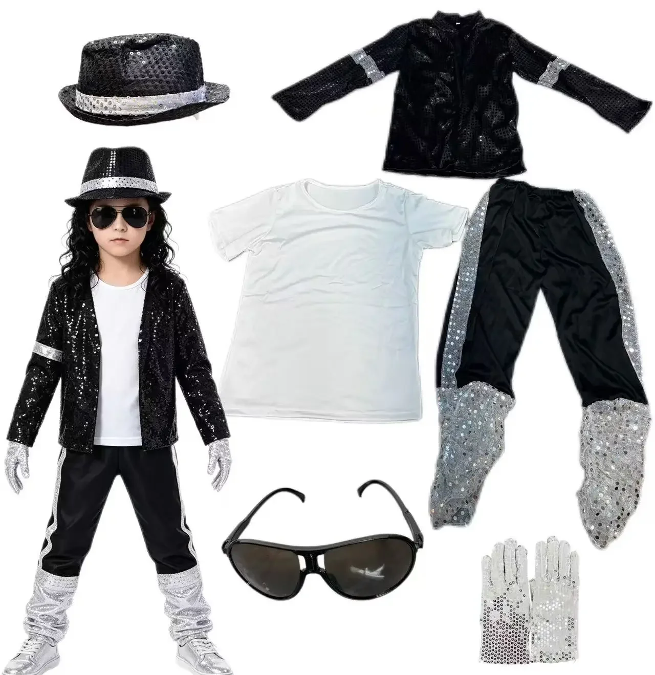 Disfraz de Michael Jackson con Peluca Negra, Ropa de Moda para Escenario, Conjunto Completo Ma 2026, Atuendo Hip Hop de los 90 para Halloween