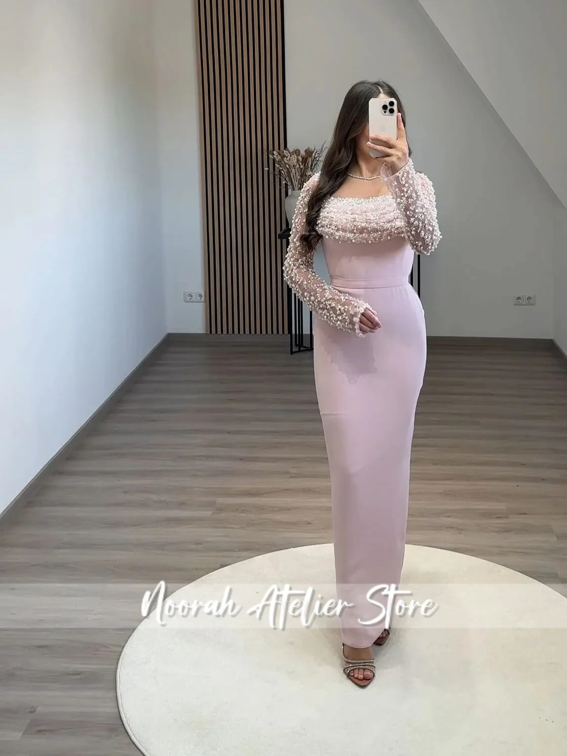 

New Pink Square Collar Pearls Luxury Women's Evening Dresses 2025 Long Sleeves Wedding Gown Saudi Arabia Long Customized