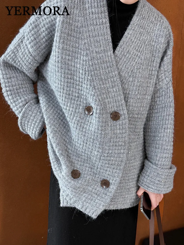 YERMORA Gray Button Long Knitting Cardigan Sweater For Women V-neck Long Sleeve New Fashion Casual Spring Autumn 2024 A79