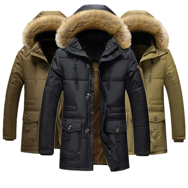 New Men Fashion Hooded Parkas Coats Winter Solid Color Pocket Zipper Thicken Warm Coat Male Thermal Windproof Jacket Overcoat