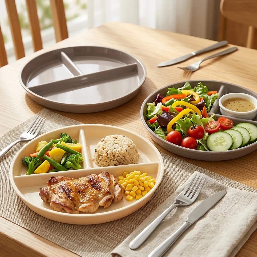 3 Compartment Divided Portion Control Plates Reusable Plastic Dinnerware Unbreakable Deep Food Dish for Adult Kid Camping