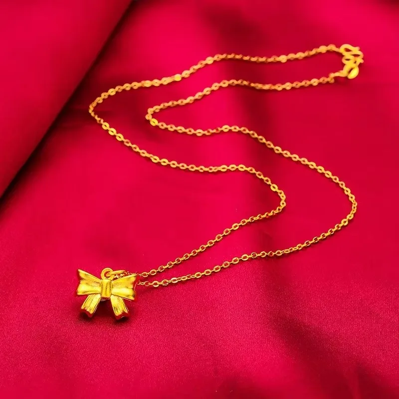 Nexil Jewelry  24K Gold Bowknot Women's Necklace, AU999 Pure Gold - Vietnam Chain Style, Bowknot Texture + Sand Gold Refraction