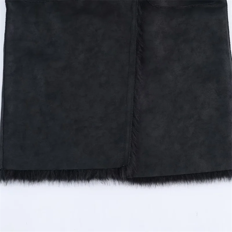 سترة نسائية 2025 خريف نمط جديد أسود طويل الأكمام فو الفراء عكسها معطف طويل أنيق وعصري #6