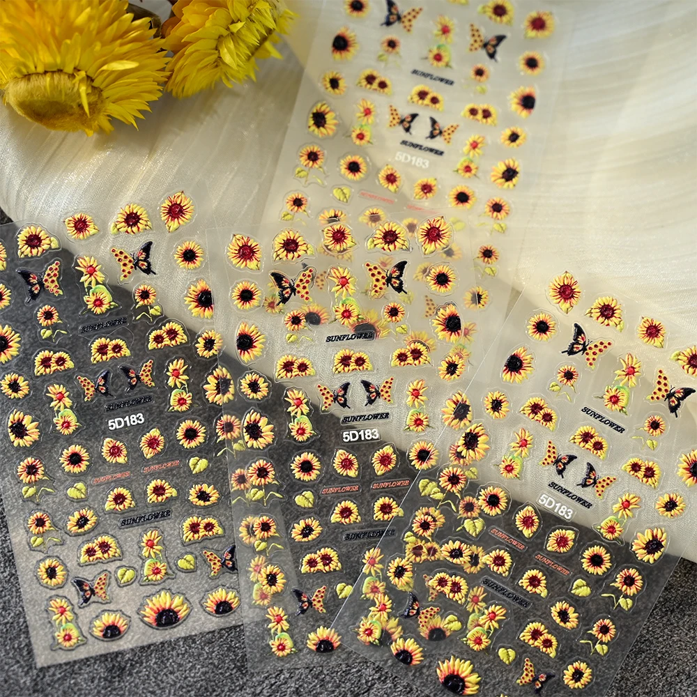 1/4pcs 5D Embossed Summer Sunflower Nail Stickers Yellow Floral Bee & Butterfly Nail Decals Fresh Sunflower Nail Art Decorations view 5