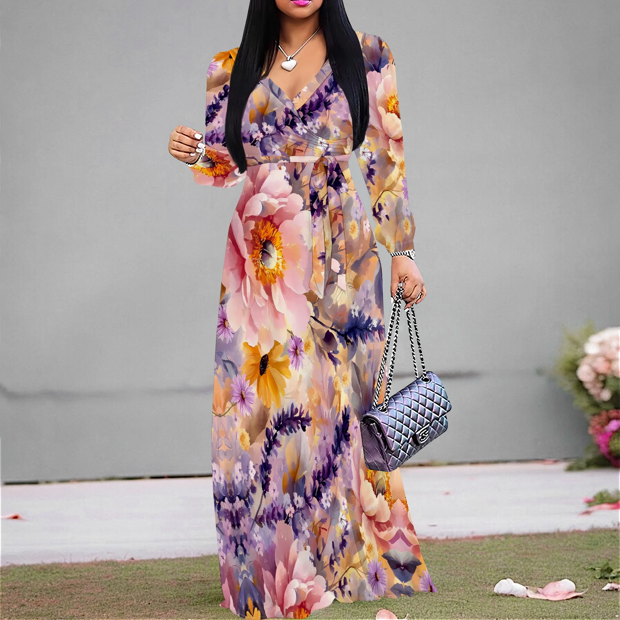 

SheFirstStyle Women's Floral Maxi Dress V-Neck Short Sleeve Loose Fit Pink Summer Outdoor