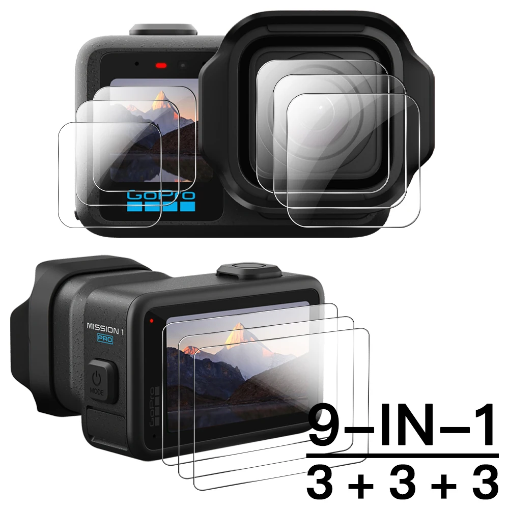 9Pack 9H Glass for GOPRO MISSION 1 Pro, Ultra HD Screen & Lens Protector Anti-Scratch, HD Clarity Tempered Glass Accessories