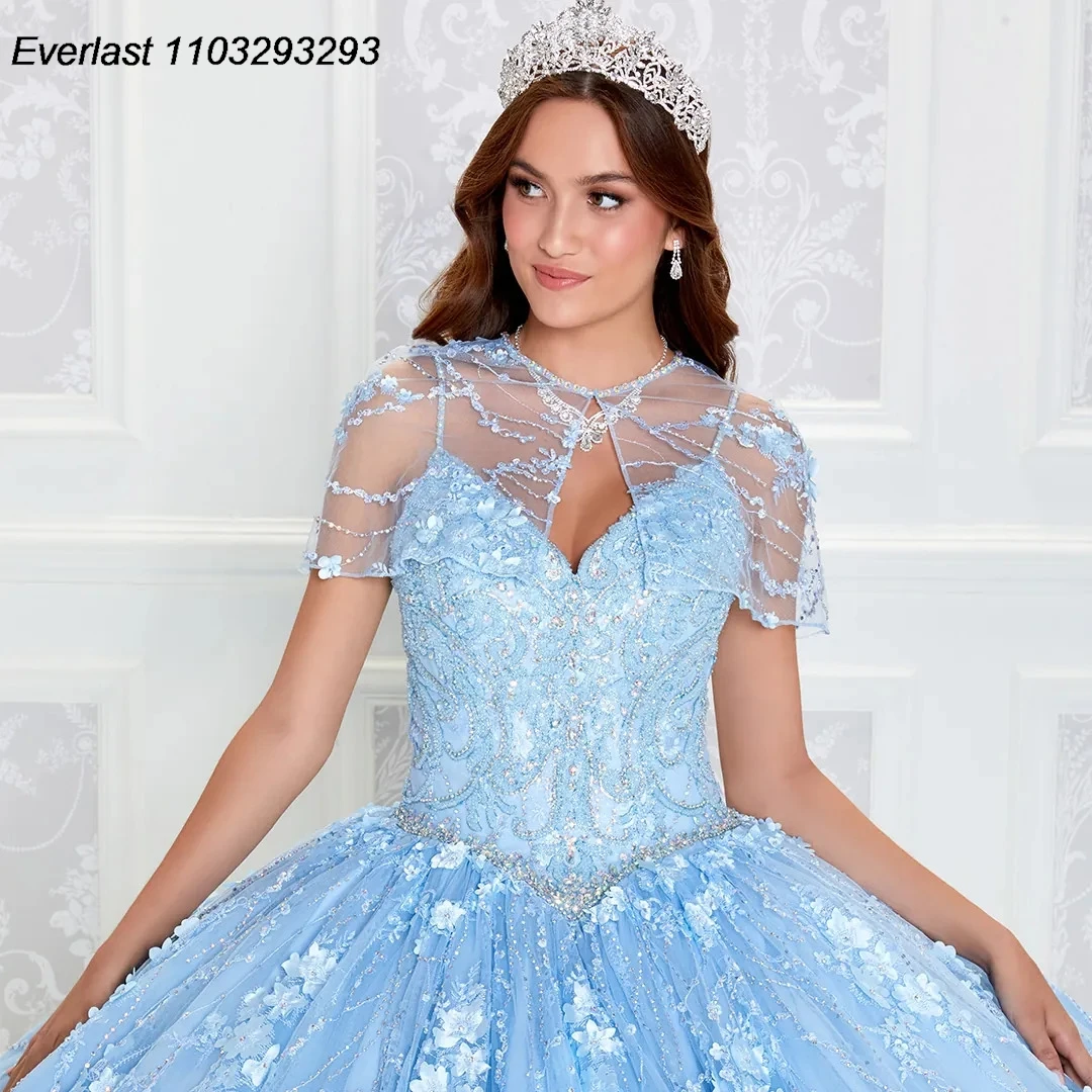 EVLAST Customized Sky Blue Quinceanera Dress Ball Gown Lace Applique Beading Spaghetti Mexico Sweet 16 Vestido De 15 Anos TQD334