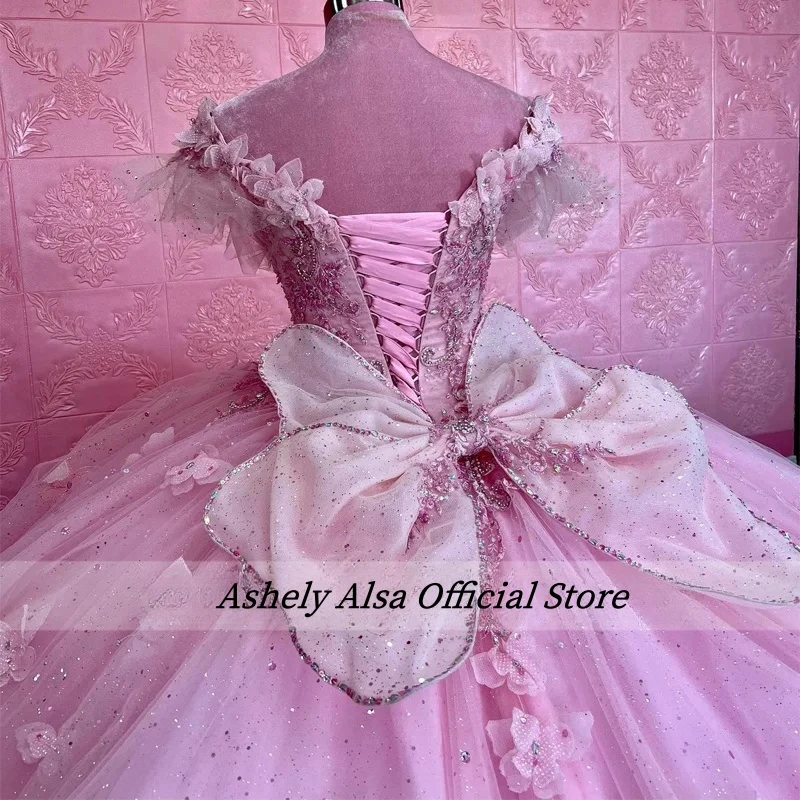 Vestido de fiesta de quinceañera rosa, corsé con lazo, hombros descubiertos, flores, mariposa, abalorios, desfile, dulce 15, 16