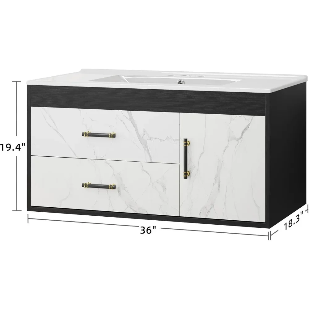 36 Inch Floating Bathroom Vanity with Sink, Wall Mounted Bathroom Vanity with Sintered Stone, 2 Drawers with Soft-Close