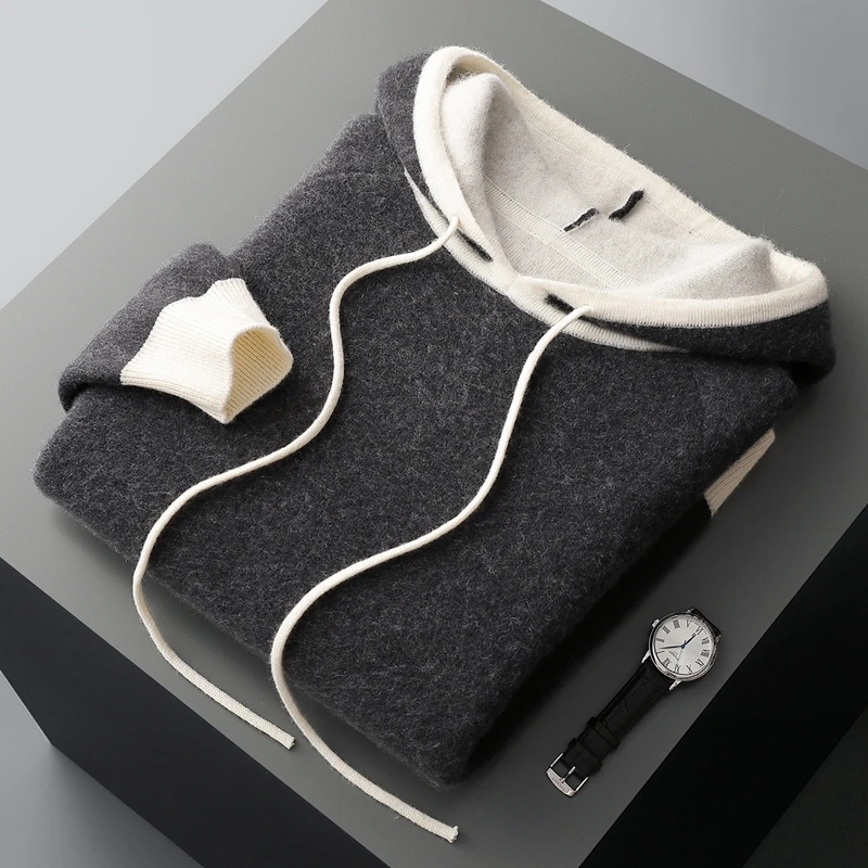 Luxury Men Cashmere Hooded Pullover Thick Warm Sweater Autumn Winter Color Block 100% Cashmere Knit Hoodie Quality Jumpers Tops