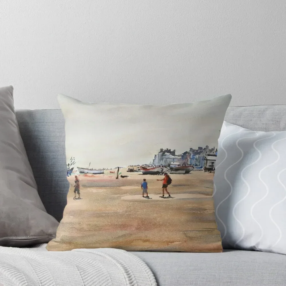 Aldeburgh beach painting, Watercolour landscape, British coast, English seaside town wall art, Suffolk coast wall d Throw Pillow