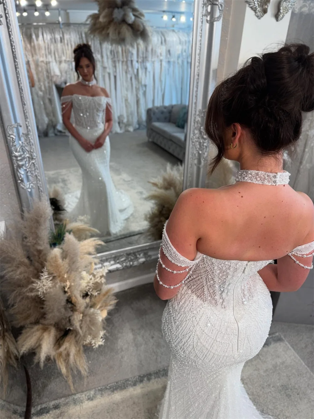 طوكيو مخصص الأبيض قبالة الكتف فستان الزفاف بلا أكمام مثير حورية البحر ثوب الزفاف عودة البريدي انفصال قطار ثوب الزفاف