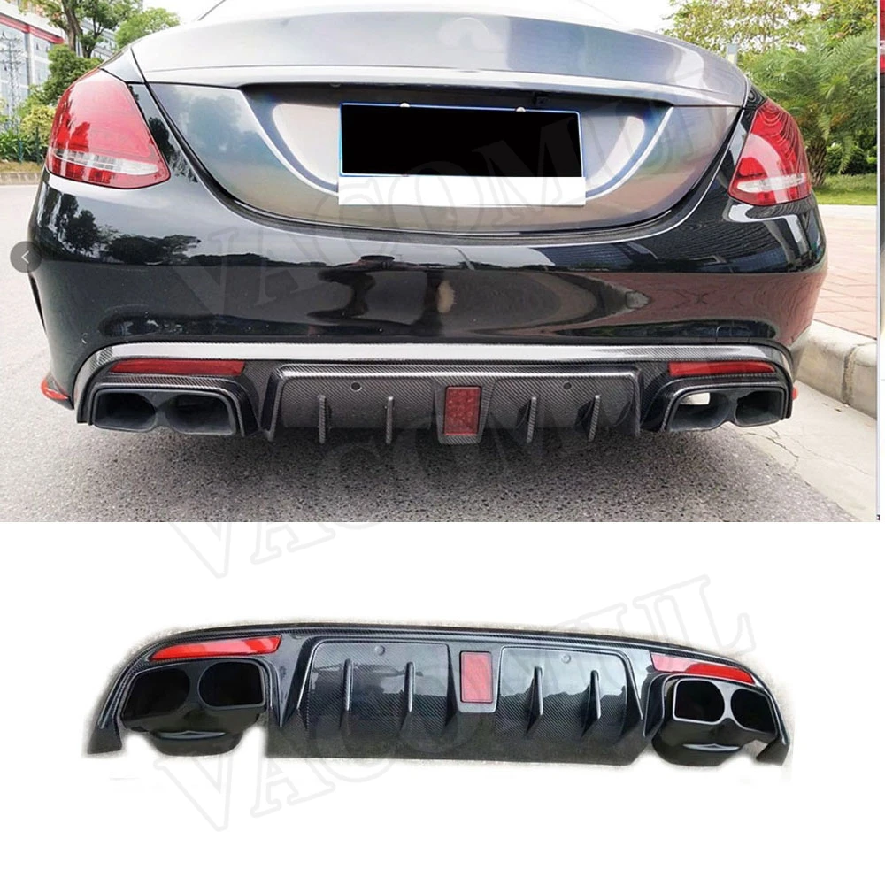 VACOMUL Carbon Fiber Rear Lip Diffuser with Lamp Exhaust Tips For Benz C Class W205 C43 C63 AMG Sport 4 Door 2015-2020 B Style