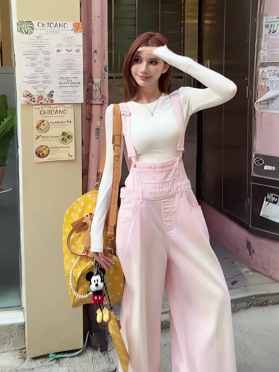 

Pink Casual Loose Age-Defying Women's Overalls Straight Leg Wide Leg Pants High Waist Long Pants Polyester Fiber