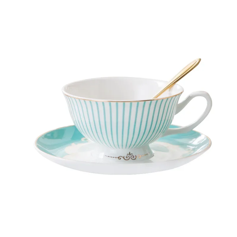 Taza de café china de hueso inglés a rayas azules con plato de cuchara, juego de taza de café y platillo europeo, taza de porcelana avanzada para té