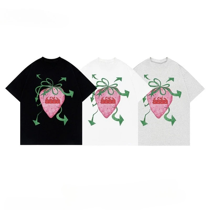 

Heavy Duty Pure Cotton Strawberry Short Sleeved Men and Women 2025 Summer Hot Item Loose Casual Versatile Couple Half Sleeve