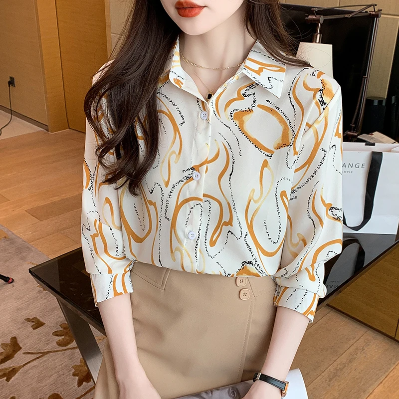 Women Spring Printing Korean Fashion Loose Chiffon All-match Shirts Women Clothes Casual Polo-Neck Long Sleeve Office Lady Tops