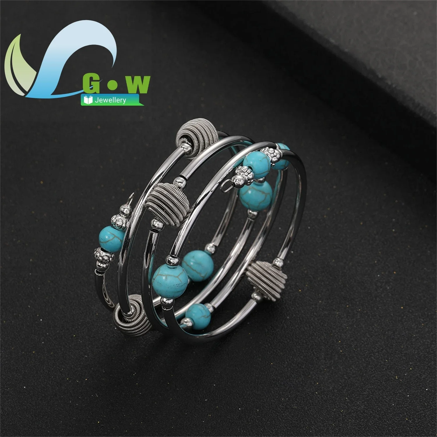 Blue Vein Stone Natural Turquoise Woven Bracelet Volcanic Stone Multi Layer Bangle for Women Vintage Jewelry Anniversary Gift