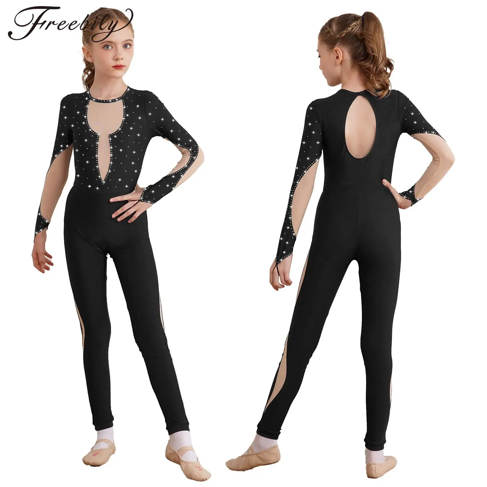 

Kids Girls Figure Skating Bodysuit Ballet Dance Gymnastics Acrobatics Yoga Leotard Long Sleeve Shiny Sheer Mesh Unitard Jumpsuit