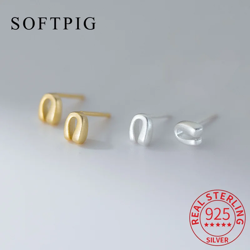 

SOFTPIG Real 925 Sterling Silver Matte Letter U-shaped Horseshoe Stud Earrings for Women Cute Fine Jewelry 18K Gold Accessories