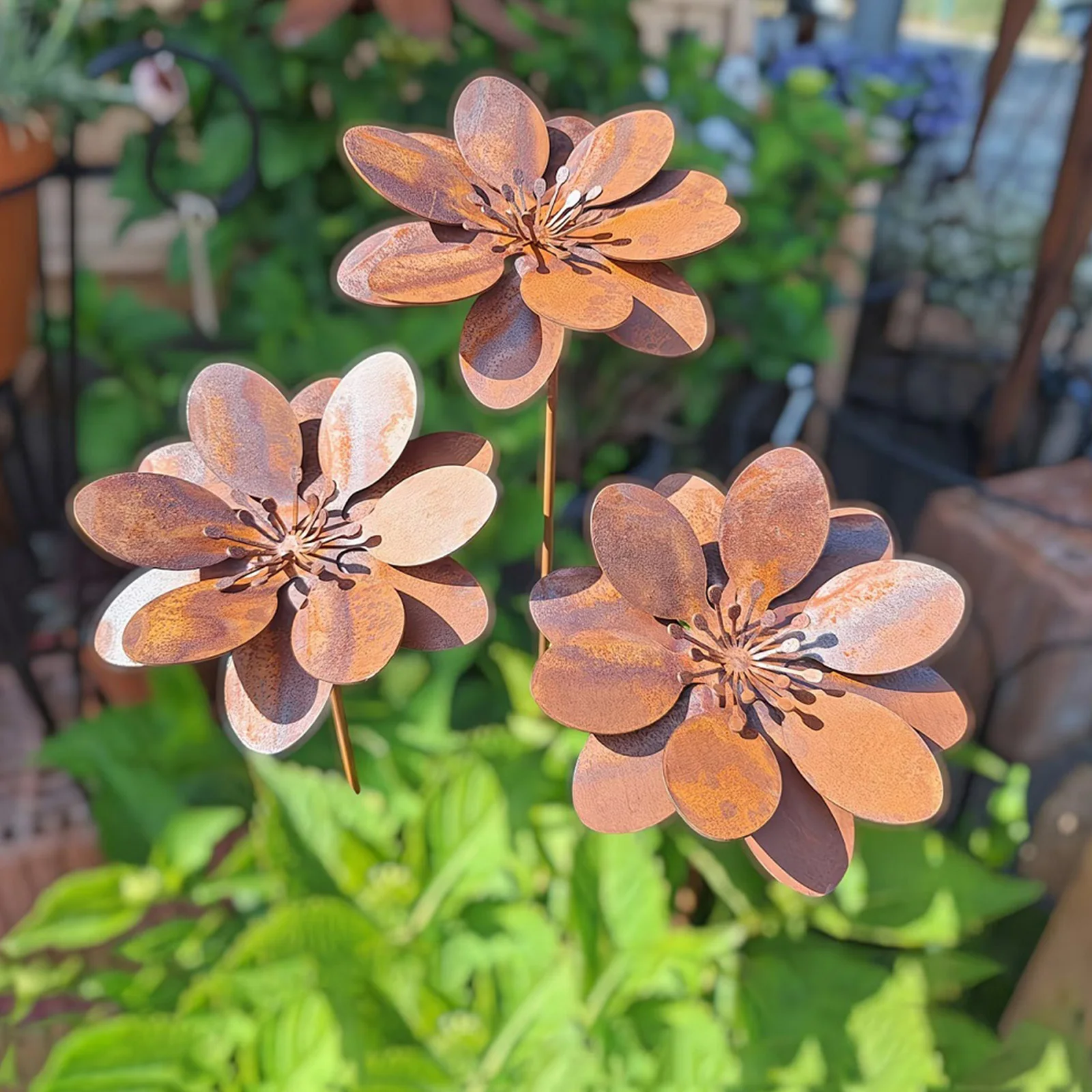 Vintage Rusty Cornflower Statues Stake Metal Artistic Wire Art Decor for Lawns Yards Patio Home Farmhouse Decoration
