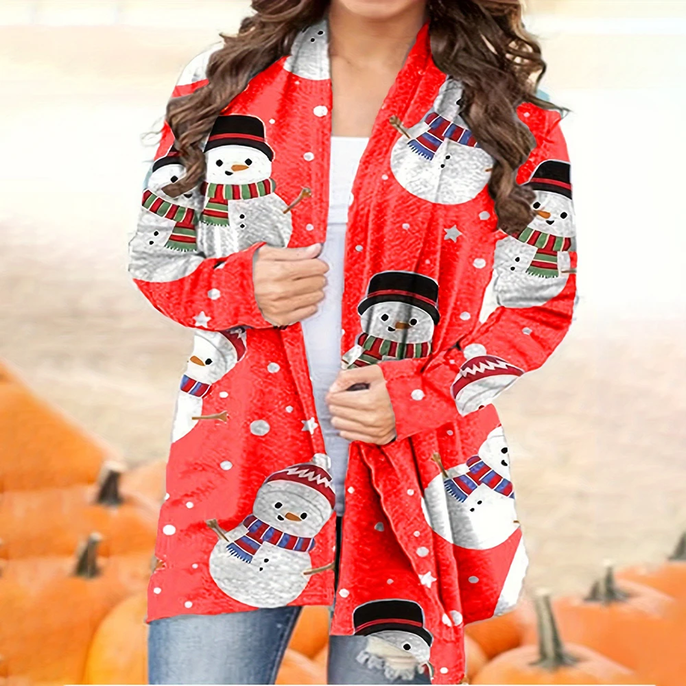 Christmas Theme Red Cashmere Cardigan Casual Style Collarless Women's Long Sleeve Loose Coat Festival Snowflake Print Clothing