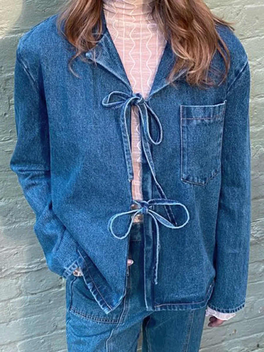 Women Denim Shirts Solid Color Tie-Up Front Long Sleeve Jean Blouses Spring Fall Casual Tops Streetwear