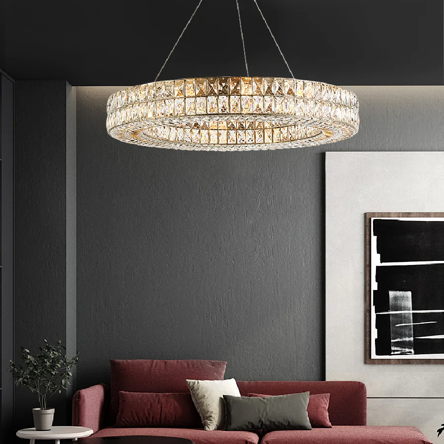 Silver Or Gold Living Room Chandeliers K9 Crystal Luxury Villa Lobby Home Round Rectangle Postmodern Lighting Hanging Fixtures