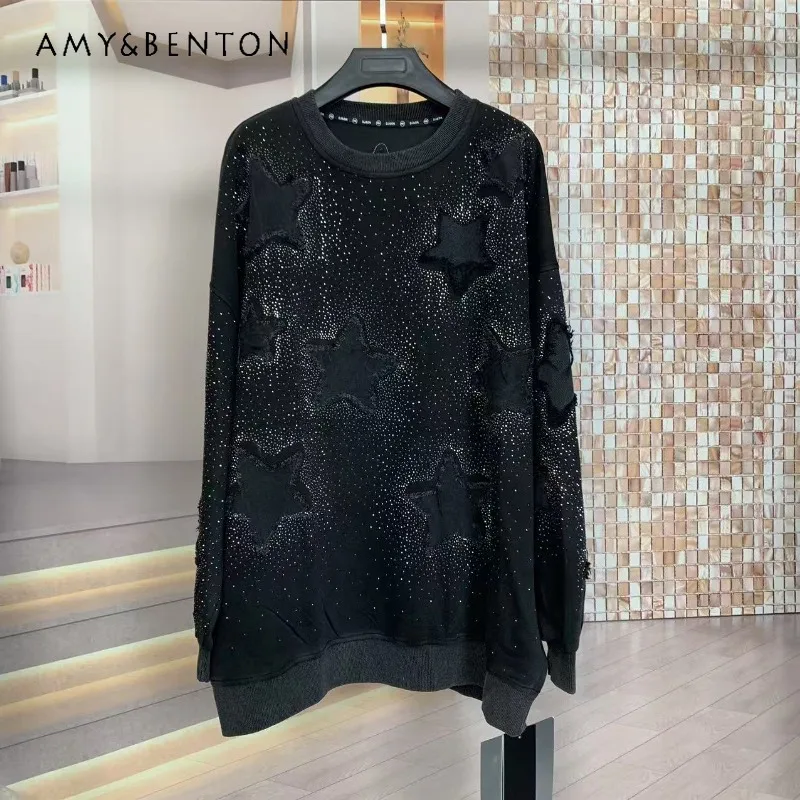 Moda novo outono y2k mangas compridas casaco pesado bordado cheio de diamante estrela de cinco pontas comprimento médio solto moda moletom topo