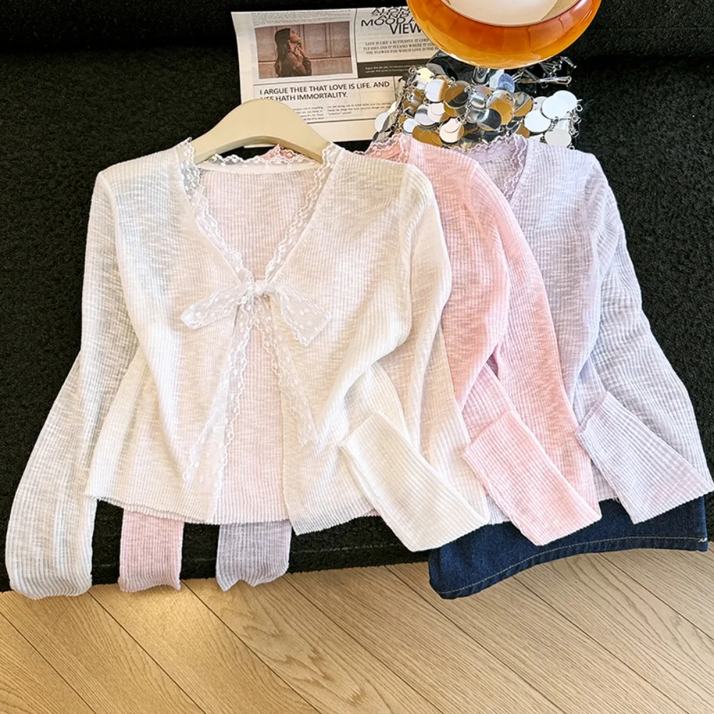 Solid Color 2026 Summer New Sunscreen Long-sleeved Lace Splicing Bow Lace-up Ice Silk Sub-knitted Cardigan Women's Top Fashion