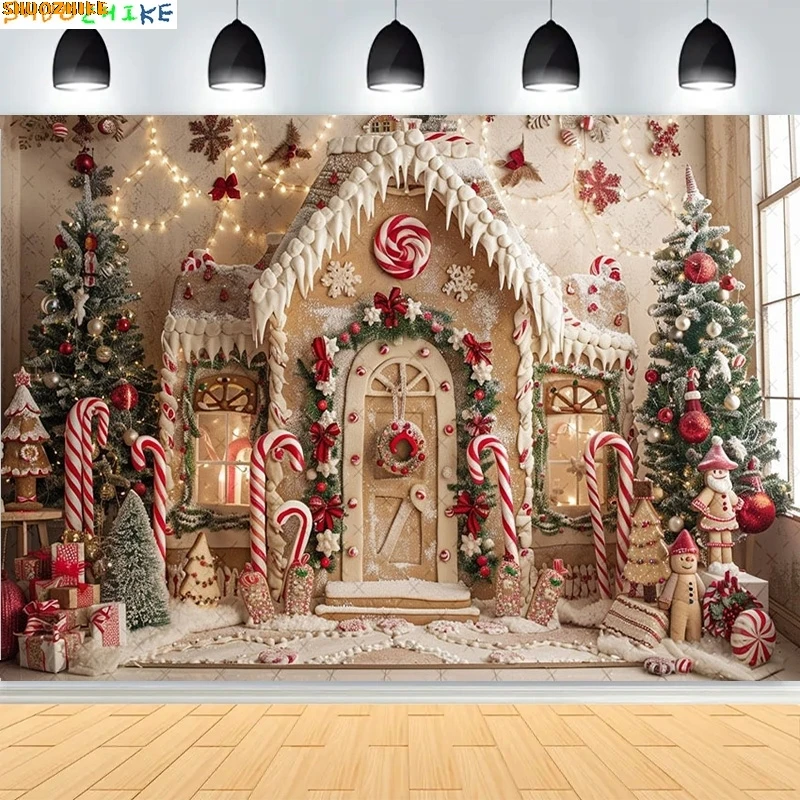 Christmas Day Bell Wreath Golden Child Photography Backdrop Props Family Portrait Gingerbread House New Year Background CT02