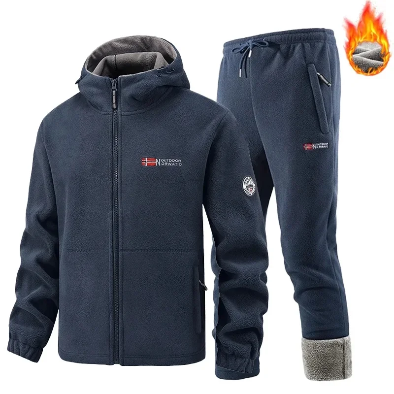 Winter Tracksuit Man Two Piece Set Fleece Lined Sportswear Set Mens Retro Training Thick Jacket Pants Casual Ski Running Suit