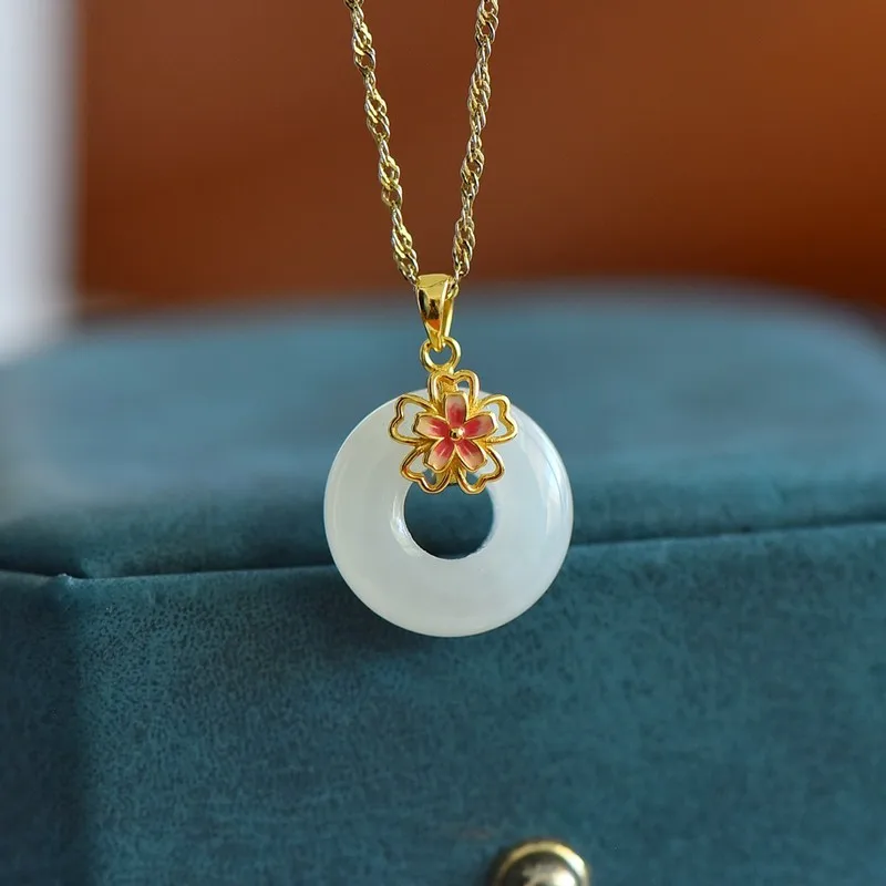 S925 Silver Inlaid With Hetian Jade Peace Ring Petal Pendant Jade Leaf Pendant Necklace Jade Ornament