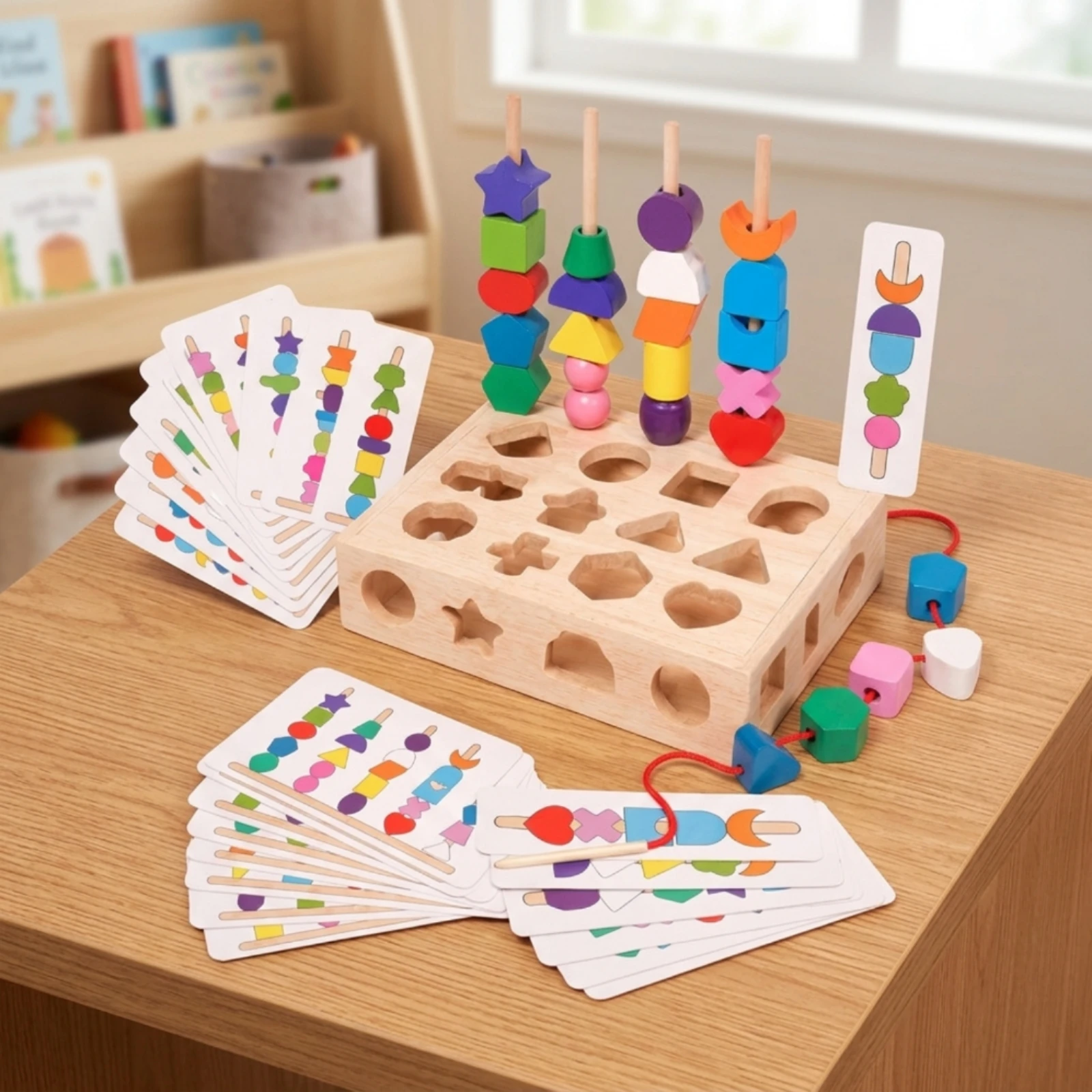 Shape Sorting Box with Lacing Strings Early Learning Shape Sorter Lacing Toy Developmental Stacking Toy Multipurpose